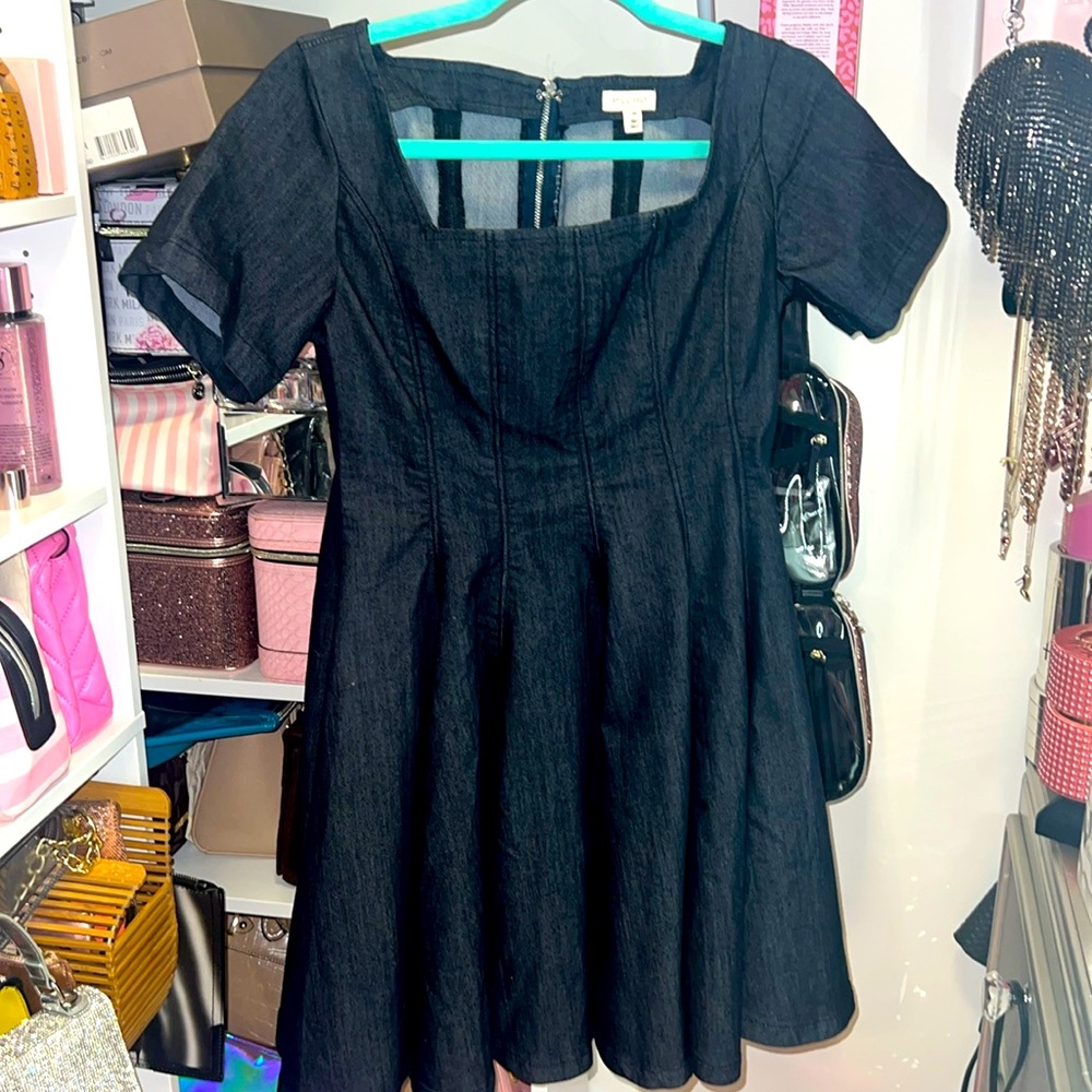Anthropologie Short-Sleeve Square-Neck Denim fit & flare mini Dress XS NWT - Picture 6 of 16